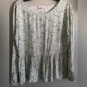 LOFT Mint Green Paisley Boho Peplum Long Sleeve Top size small